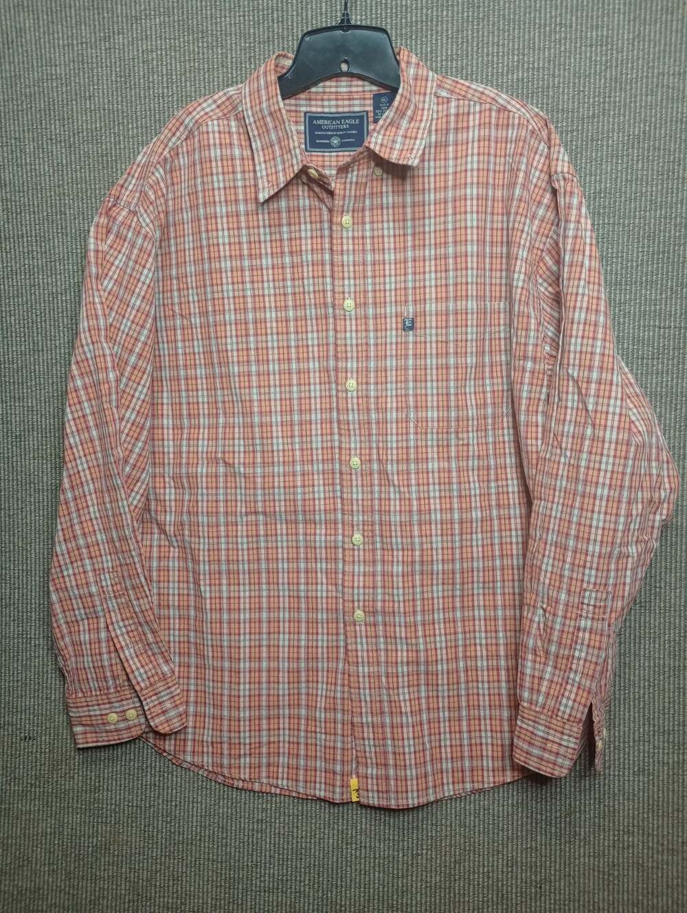 American Eagle Shirt Mens XL Long Sleeve Button Up Casual Tan Red Plaid